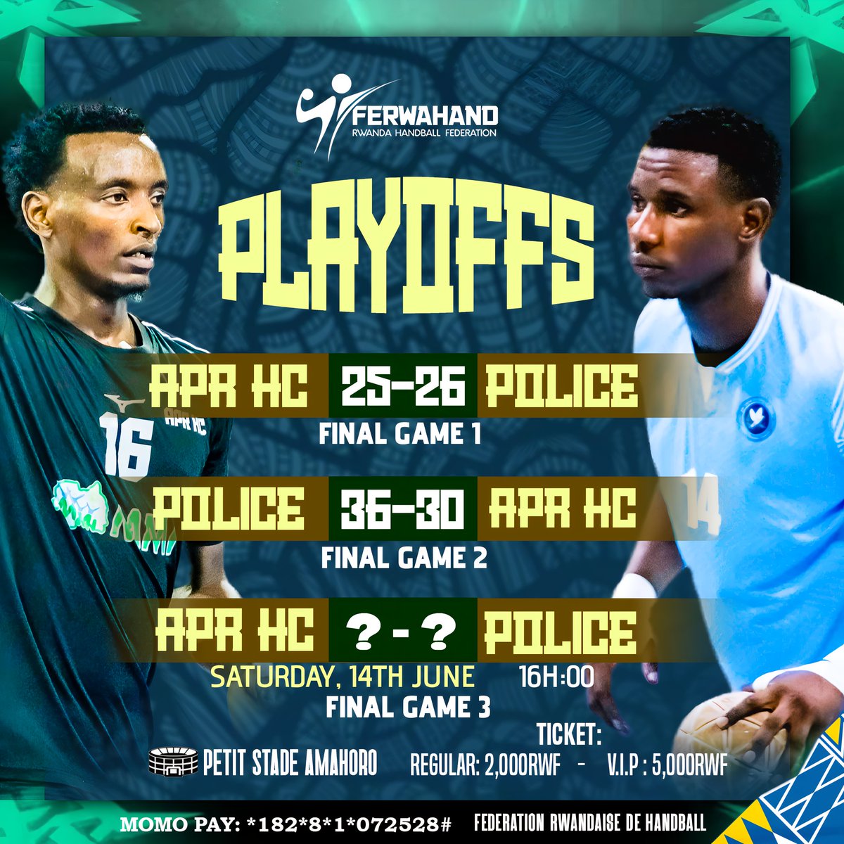 Richard Kwizera (@muzungu4) on Twitter photo Ejo hazaca uwambaye hagati ya #APR na #POLICE muri GAME 3 ya <a href="/FerwahandRwanda/">Rwanda Handball Federation</a> Playoff finals🔥. Sinzi ko Club Giant muri Handball izemera gukubitwa gatatu kikurikiranya! Iyi match hagati ya #Kimihurura na #Kacyiru izarangira ite? Buy your ticket now, then we meet at Petit Stade🤾♂️ Ejo hazaca uwambaye hagati ya #APR na #POLICE muri GAME 3 ya <a href="/FerwahandRwanda/">Rwanda Handball Federation</a> Playoff finals🔥. Sinzi ko Club Giant muri Handball izemera gukubitwa gatatu kikurikiranya! Iyi match hagati ya #Kimihurura na #Kacyiru izarangira ite? Buy your ticket now, then we meet at Petit Stade🤾♂️