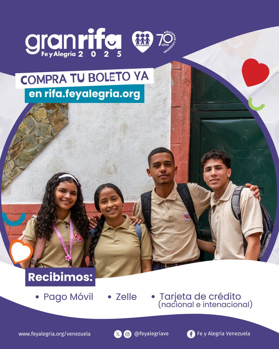 #13Jun Cada boleto adquirido en rifa.feyalegria.org financia proyectos concretos: dotación tecnológica, formación docente y mejoras en infraestructura. ¡Tú aporte hace la diferencia en la vida de más de 100 mil estudiantes! #GanaVenezuela. El sorteo es el 19 de junio.