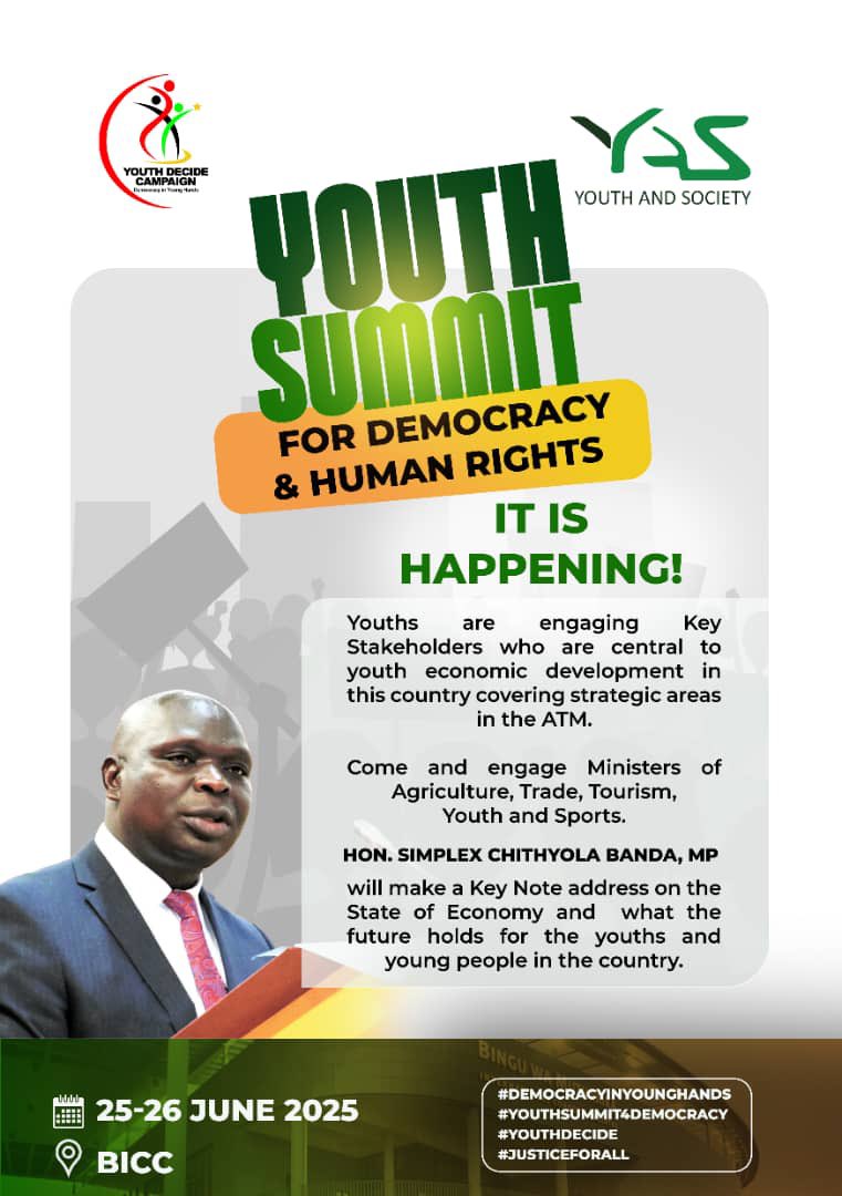 The Minister of Finance and Economic Affairs Hon. Simplex Chithyola to address the Youth Summit on “The State of the Economy”. 
#youthsummit4democracy #DemocracyInYoungHands
#YouthDecideCampaign