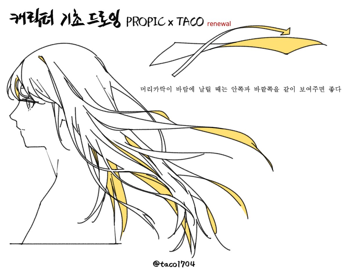 머리카락이 바람에 날릴 때는 안쪽과 바깥쪽을 같이 보여주면 좋다 
髪の毛が風に飛ばされる時は内側と外側を一緒に見せると良い