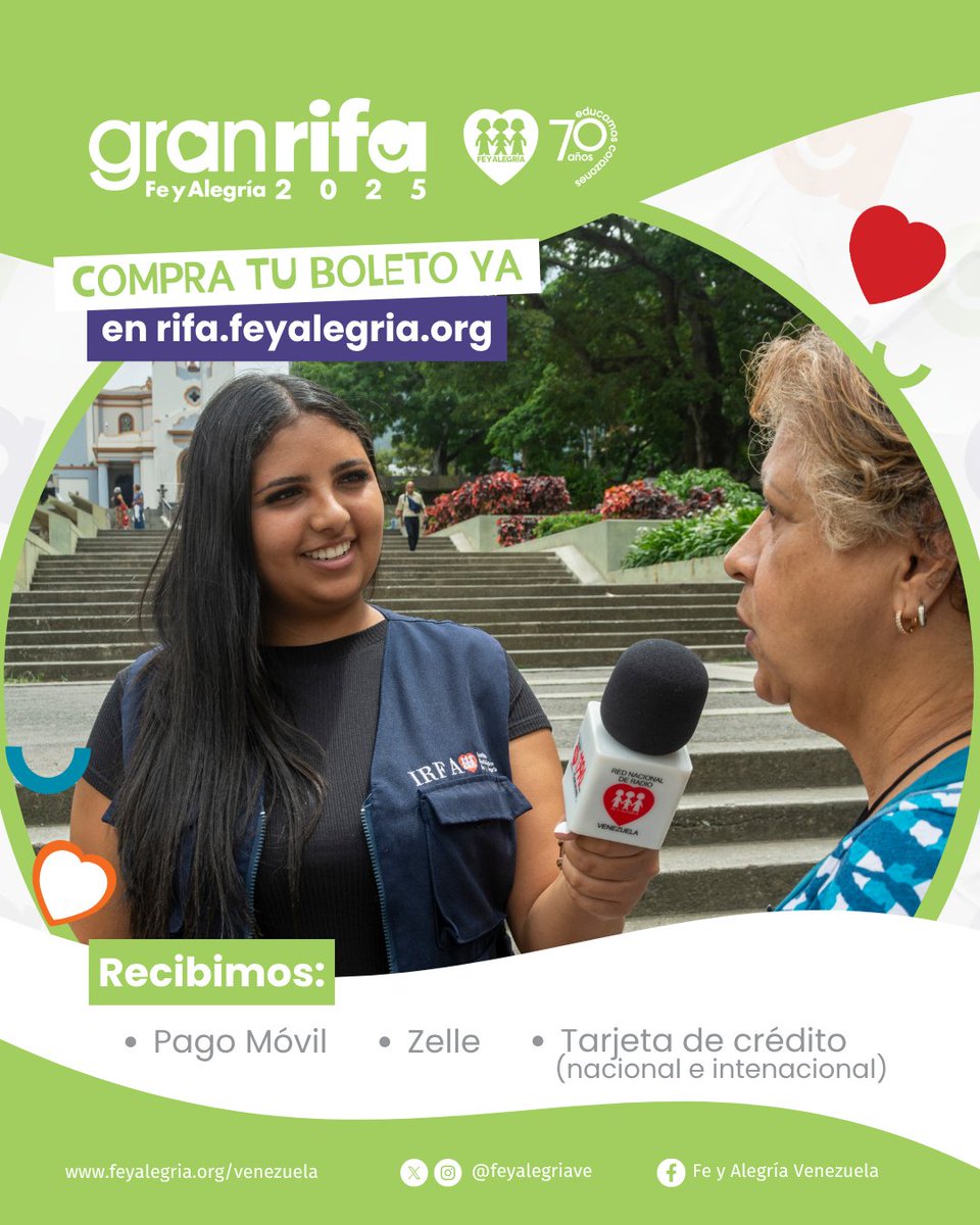 ¡Últimos días para apoyar la Gran Rifa Fe y Alegría 2025! Tu participación ayuda a que miles de niños y jóvenes puedan estudiar y alcanzar sus sueños. Compra tu talonario en rifa.feyalegria.org. ¡Con buena educación, #GanaVenezuela! El sorteo es el 19 de junio.