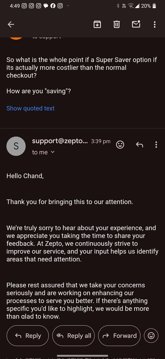 jipinchand's tweet photo. Take a look at this @ZeptoNow scam. I ordered items through Zepto and found that the items under the normal zepto tab is CHEAPER than the "Super Saver" tab. This is blatant daylight robbery. Look at the response their wonderful support team had for this. https://t.co/bKqYNVWqNa