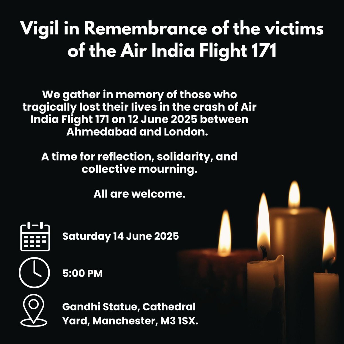 India in Manchester (@cgimanchester) on Twitter photo Following the tragic loss of lives in the Air India Flight 171, a vigil is being observed by community leaders and members of Manchester and Greater Manchester areas.
We invite all to come and gather in solemn remembrance.
<a href="/MEAIndia/">Randhir Jaiswal</a> <a href="/HCI_London/">India in the UK</a> Following the tragic loss of lives in the Air India Flight 171, a vigil is being observed by community leaders and members of Manchester and Greater Manchester areas.
We invite all to come and gather in solemn remembrance.
<a href="/MEAIndia/">Randhir Jaiswal</a> <a href="/HCI_London/">India in the UK</a>