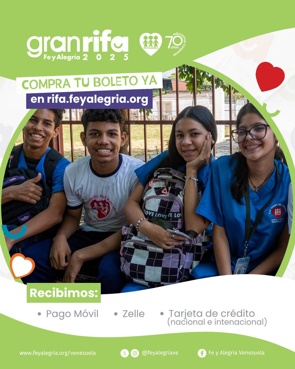 #13Jun Nuestra Rifa Anual está llegando a su fin. No dejes pasar esta oportunidad de apoyar la educación de nuestros futuros líderes. Compra en rifa.feyalegria.org y sé parte del cambio. #GanaVenezuela El sorteo es el 19 de junio.