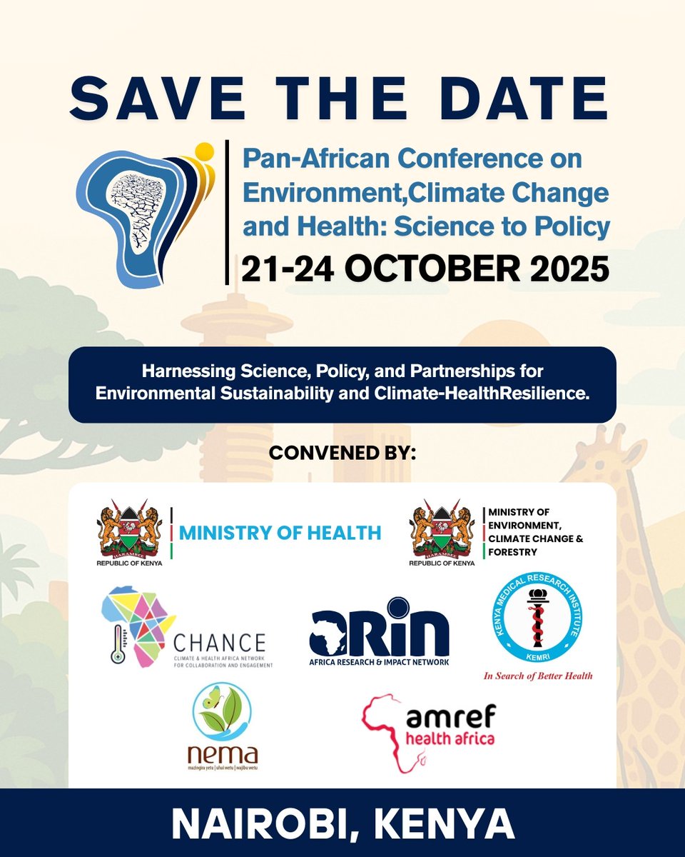 Mark your calendar!

The official #ECHAfrica25 Launch + Call for Abstracts goes LIVE on June 27
Join this coalition that unites health, environment &amp; climate stakeholders across Africa.
Conference: Oct 21–24, 2025  <a href="/Environment_Ke/">Ministry of Environment, Climate Change & Forestry</a> <a href="/wellcometrust/">Wellcome</a>
#ScienceToPolicy #EnviClimaHealth