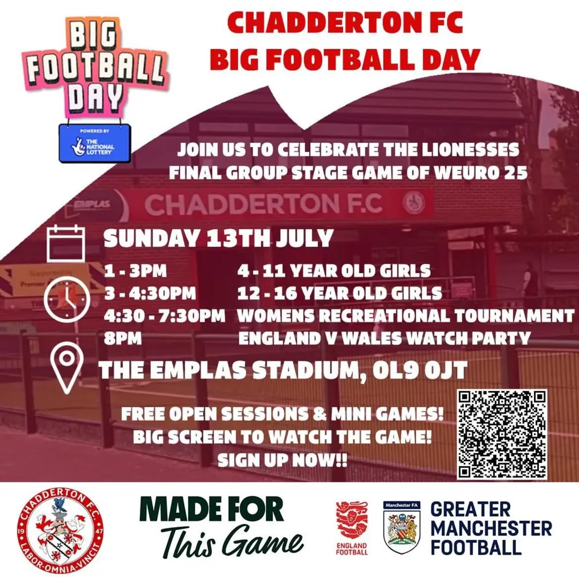 We’ve teamed up with <a href="/Manchester_FA/">Manchester Football Association</a> for a huge day of football fun on Sunday 13th July! ⚽️

✅ Free training sessions
✅ Women’s mini tournament
✅ Festival vibes, food &amp; drink
✅ Outdoor screen for England vs Wales (Women’s Euros)

Get yourself down to the Emplas Commercial