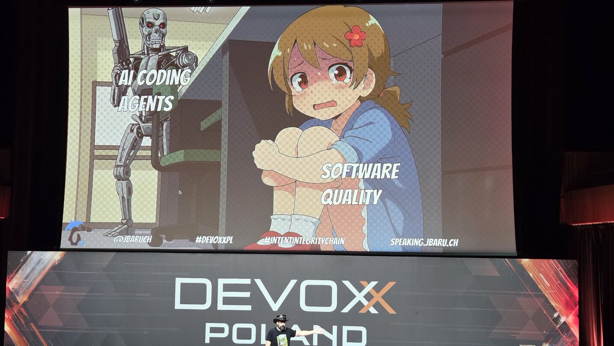 NSilnitsky's tweet image. @jbaruch talks about the big issue with quality and correctness of code written by AI, 
and suggests to replace LLMs with #Cucumber when it comes to write tests. do you agree? 

#DevoxxPL #AI #LLM #BDD #Gherkin #tessl