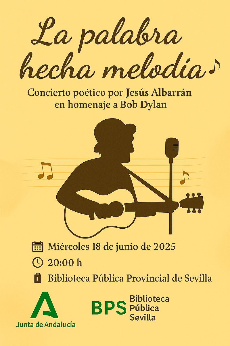 Biblioteca Sevilla (@bibsevilla) on Twitter photo Él próximo miércoles a las 20:00 horas Música en <a href="/bibsevilla/">Biblioteca Sevilla</a>. Ven al concierto de homenaje al músico y premio Nobel de Literatura, Bob Dylan. A cargo de Jesús Albarrán. ¡La estrada es libre y gratuita, no faltes!
<a href="/CulturaAND/">Cultura Junta de Andalucía</a>
<a href="/elinterrogante/">jesus albarran</a> Él próximo miércoles a las 20:00 horas Música en <a href="/bibsevilla/">Biblioteca Sevilla</a>. Ven al concierto de homenaje al músico y premio Nobel de Literatura, Bob Dylan. A cargo de Jesús Albarrán. ¡La estrada es libre y gratuita, no faltes!
<a href="/CulturaAND/">Cultura Junta de Andalucía</a>
<a href="/elinterrogante/">jesus albarran</a>