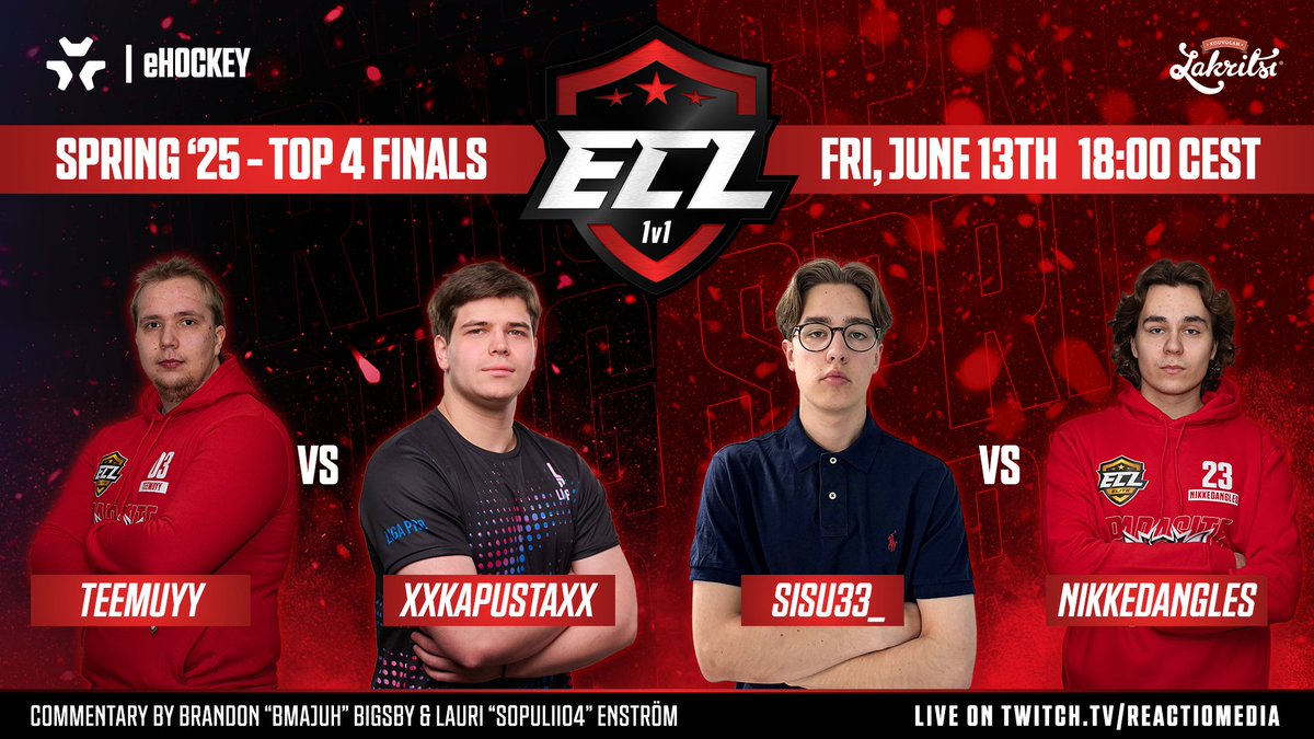 🔥 It all comes down to THIS.
🏆 #ECL25Spring 1v1 Semifinals &amp; Grand Final – all on the same night!

📺 Watch LIVE: twitch.tv/ReactioMedia
⏰ Friday, June 13th | 18:00 CEST

⚔️ <a href="/Teemuyy/">Teemuyy</a>  vs <a href="/KapustaNhl/">Ivan Kapustenko</a>
⚔️ <a href="/sisu33_/">Sisu Nurminen</a>  vs <a href="/NikkeDangles/">Nikke</a> 

🎙️ <a href="/bMaJuH/">MaJuH 🎥</a> &amp; <a href="/sopulii04/">Lauri Enström</a> 

#eHockey | #NHL25 |