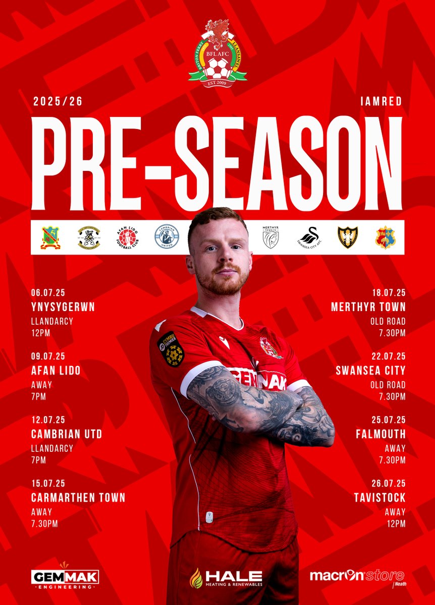 BFL AFC (@bflafc) on Twitter photo The countdown to the new season is officially on!
We’re excited to confirm our pre-season fixtures in preparation for the upcoming #JDCymruPremier season.
A testing pre-season includes <a href="/FcYnysygerwn/">Ynysygerwn FC</a> <a href="/CPDLidoAfan/">Afan Lido F.C.</a> <a href="/CamUtdMen/">Cambrian United FC</a> <a href="/CarmarthenAFC/">Carmarthen Town AFC 🏴</a> <a href="/MerthyrTownFC/">The Martyrs (C)</a> <a href="/swans_academy/">Swansea City Academy</a> The countdown to the new season is officially on!
We’re excited to confirm our pre-season fixtures in preparation for the upcoming #JDCymruPremier season.
A testing pre-season includes <a href="/FcYnysygerwn/">Ynysygerwn FC</a> <a href="/CPDLidoAfan/">Afan Lido F.C.</a> <a href="/CamUtdMen/">Cambrian United FC</a> <a href="/CarmarthenAFC/">Carmarthen Town AFC 🏴</a> <a href="/MerthyrTownFC/">The Martyrs (C)</a> <a href="/swans_academy/">Swansea City Academy</a>