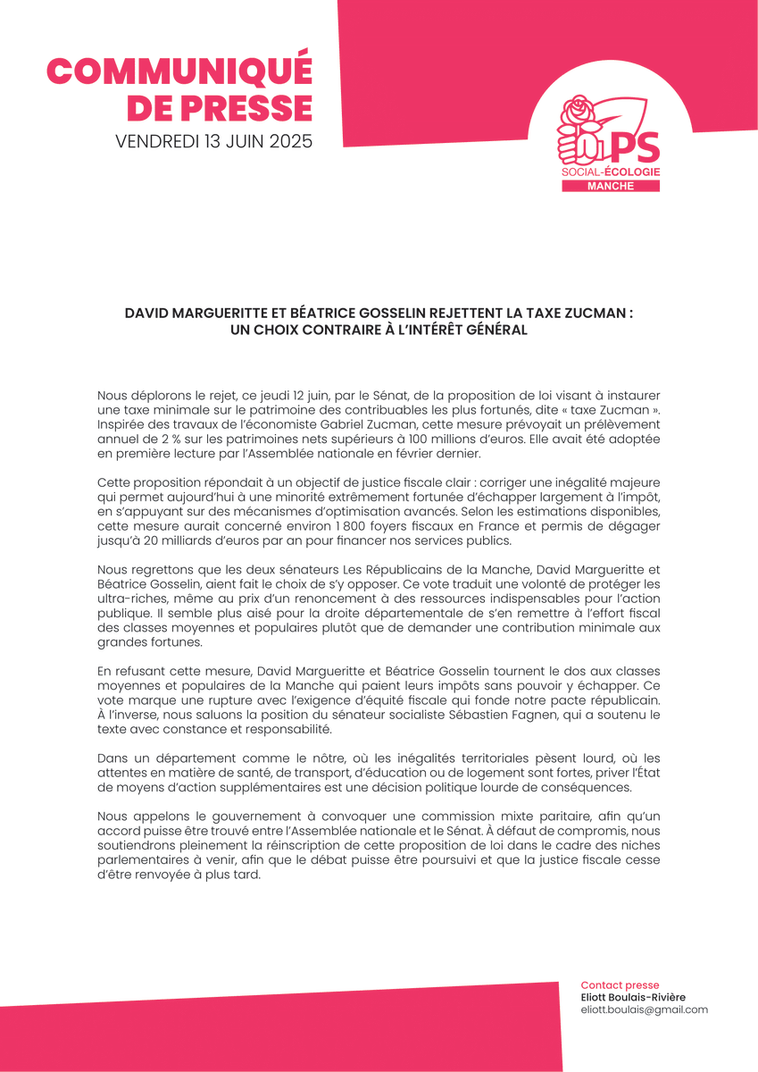 🛑 Rejet de la #TaxeZucman par la droite sénatoriale.

Les sénateurs de la Manche, David Margueritte et Béatrice Gosselin, ont voté contre un impôt minimal de 2 % sur les patrimoines &gt;100 M€.

Un choix en faveur des ultra-riches, contre l’intérêt général. Notre communiqué ⬇️
