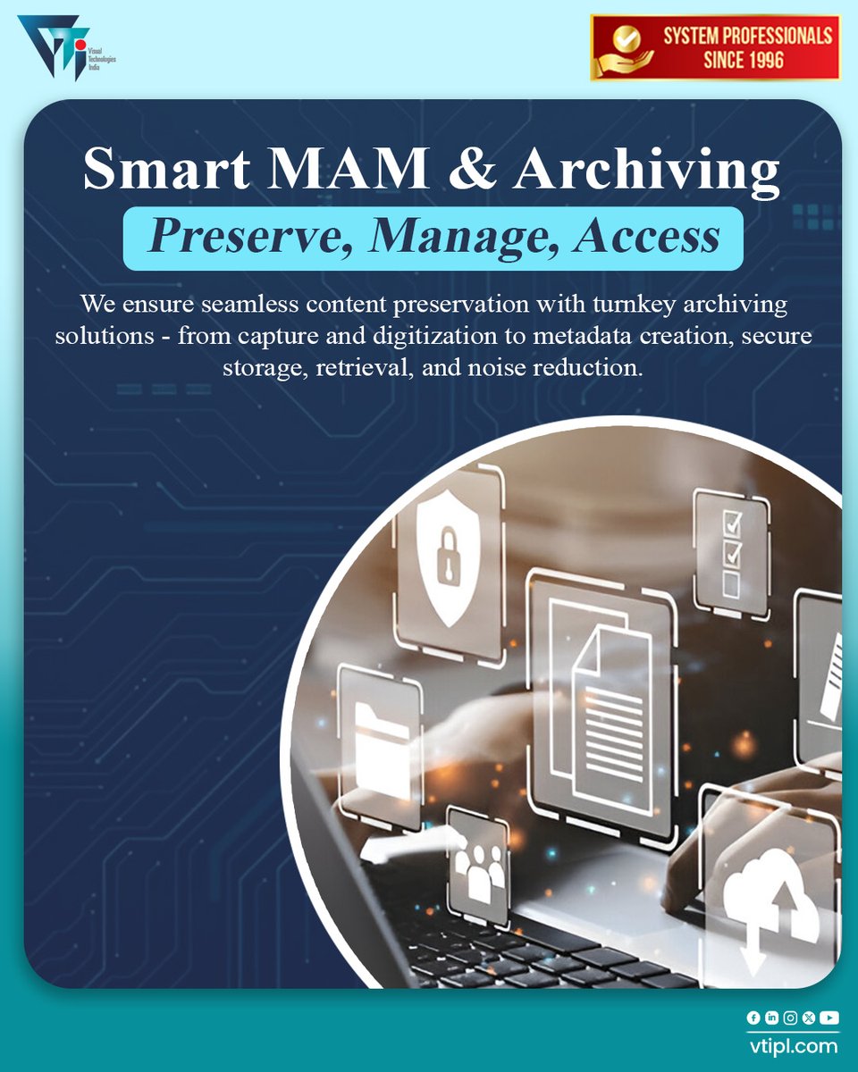 📢 Looking for a smarter way to preserve your digital content?

Our Smart MAM &amp; Archiving solution enables seamless content preservation — from capture and digitization to secure metadata storage, retrieval, and noise reduction.

Learn more: vtipl.com

#Vtipl #MAM