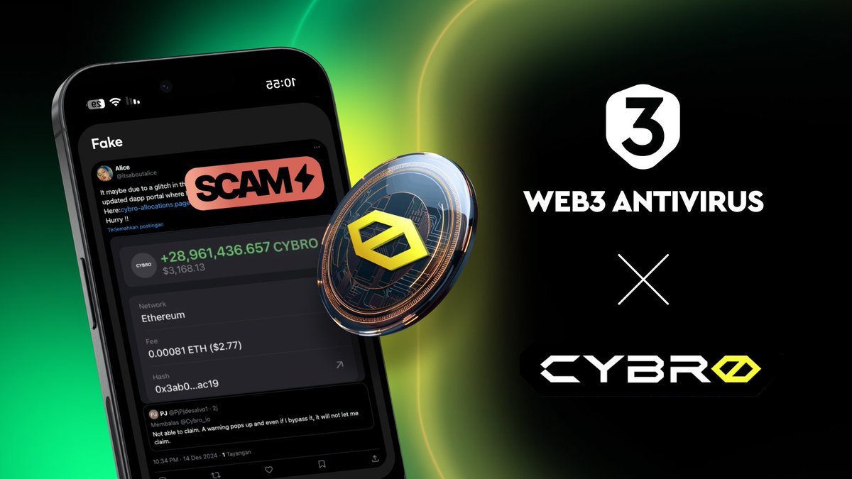 We kicked off a collab to keep the Cybro community safe.

Together with <a href="/web3_antivirus/">Web3 Antivirus</a>, <a href="/Cybro_io/">CYBRO</a> gets real-time scam detection and phishing defense. We’ve already deployed a script sweeping through fake accs and phishing posts pretending to be Cybro.

Scammers were clearly