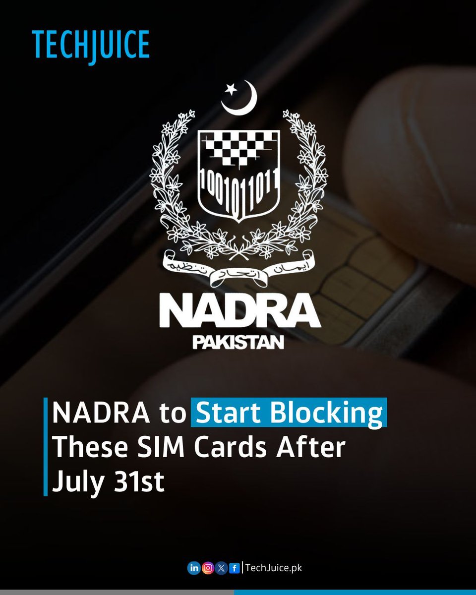 TechJuicePk's tweet image. Important NADRA Alert for CNIC Holders.

If your CNIC expired in 2018, take action now, SIMs registered on expired CNICs will be blocked after July 31, 2025, unless renewed.

#NADRA #CNICUpdate #SIMBlocking #Pakistan #DigitalIdentity