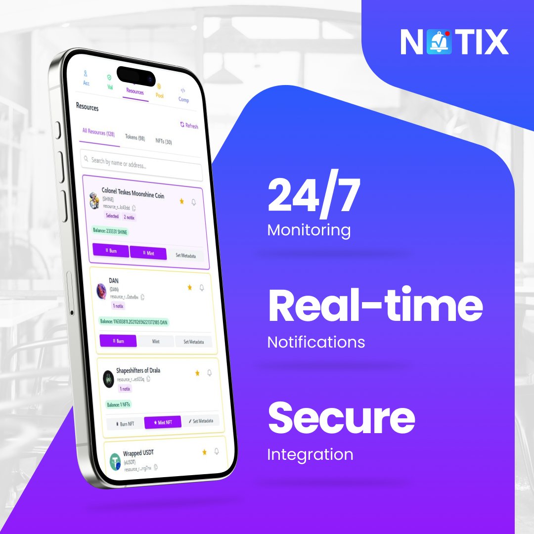 NotixOnRadix's tweet image. Getting Started with Notix - A 🧵
1️⃣ Go to notix.live
2️⃣ Connect your Radix Wallet
3️⃣ Choose which accounts to monitor
4️⃣ Set up Quick Notix (one click for the most common events)
5️⃣ Start receiving instant notifications on deposits, staking, LP & more