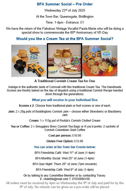 Bridlington Friends Association have a fabulous cream tea event to commemorate the 80th Anniversary of VE-Day

Please see the poster below for details