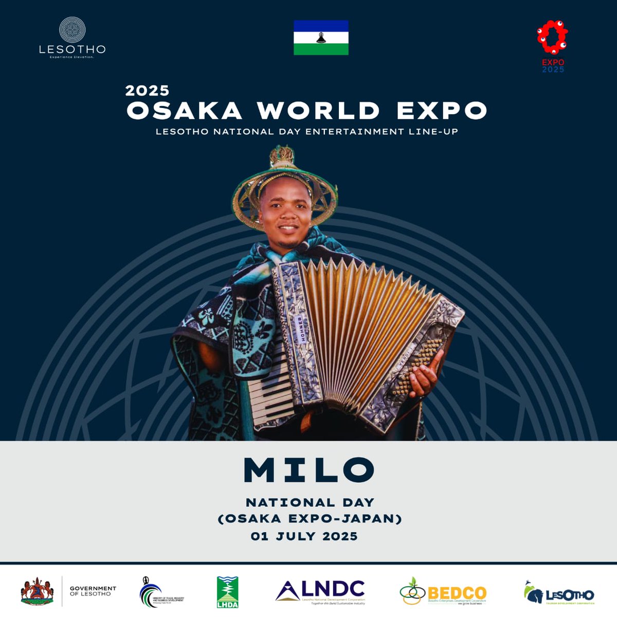 LesothoLs's tweet image. Koriana Japane! 

Ntate Milo joins the star-studded lineup headlining Lesotho National Day celebrations at the @expo2025japan on 1st July 2025!

Get ready for an unforgettable showcase as he unleashes his electrifying modern-day #famo on the world stage.