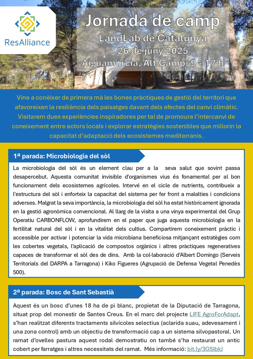 ctforestal's tweet image. 🌿Vine a la Jornada de camp del #LandLab de #ResAlliance i descobreix com fer els paisatges més resilients al canvi climàtic! @agroforadapt

📍Aiguamúrcia, Alt Camp📆26 de juny🕘 9-17h

💪Bones pràctiques locals i solucions inspiradores!

Inscripcions➡️tuit.cat/BnubB