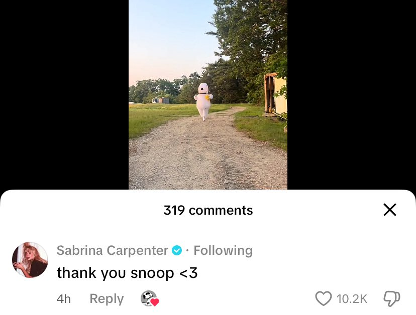Sabrina Carpenter comentó en una publicación de TikTok donde Snoopy baila "Manchild".