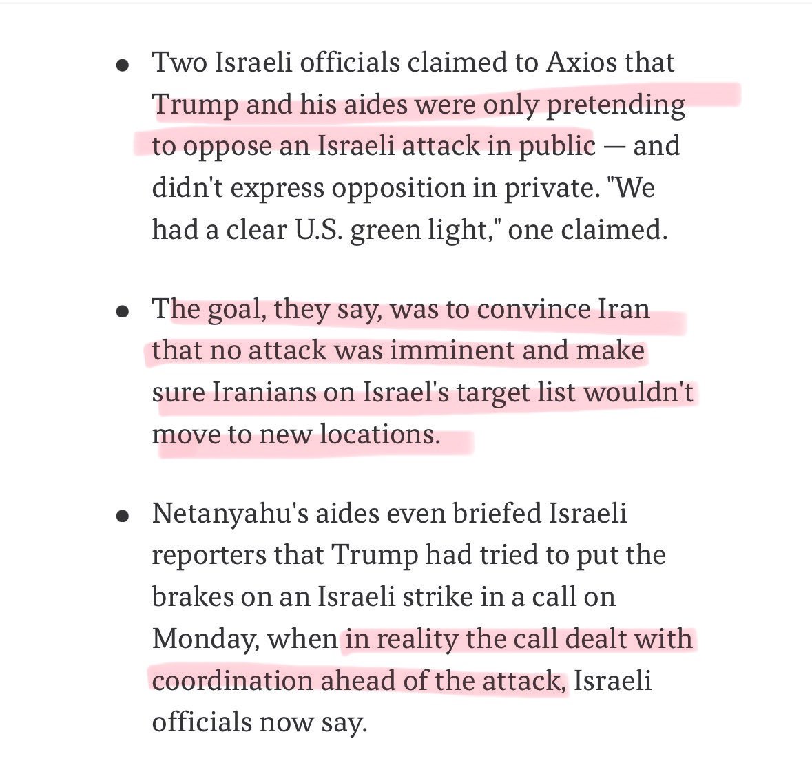 Axios is reporting that Netanyahu and Trump pulled off a great deception as part of Israel’s preparation to strike Iran. If true, this would go down in history books.