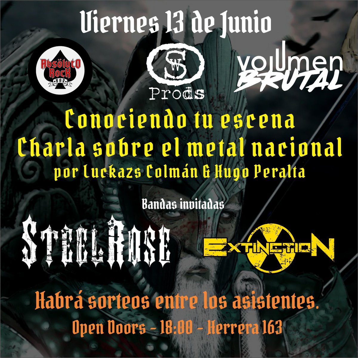 Hoy Viernes les esperamos  para una edición más de #ConociendoTuEscena, "Charla sobre el Metal Nacional", con Luckazs Colmán &amp; Hugo Peralta, en #ElBastionDelRock.

Open doors 18 hs 

🎶 Invitados: Steel Rose   y ExtinctionPy 

🎁 ¡Sorteos para los asistentes!

Nos vemos!