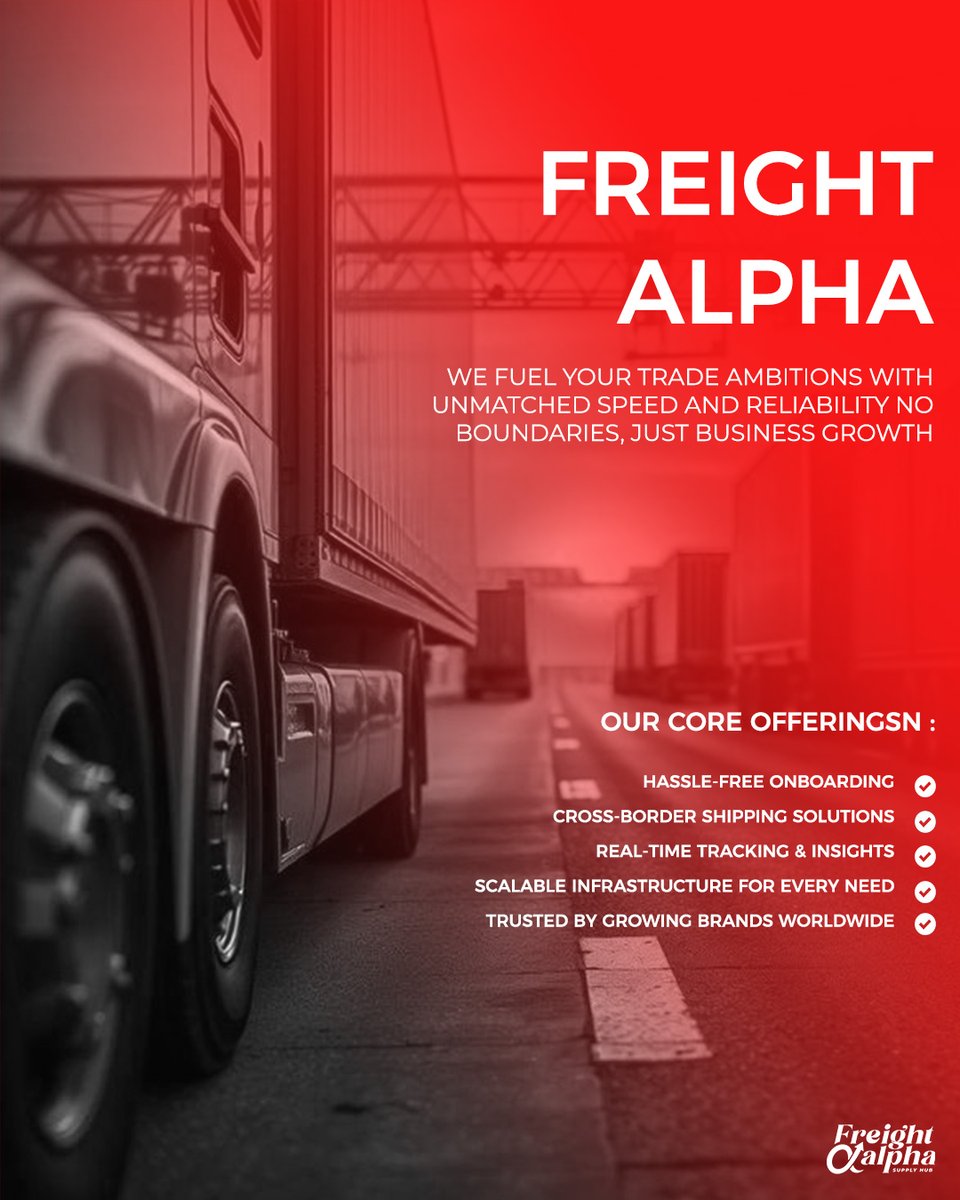 freightalpha's tweet image. We help you cross borders without limits. From hassle-free onboarding to scalable infrastructure, we’re your go-to partner in global trade.

:
Visit our website: freightalpha.in
Email us at: info@freightalpha.in
:
#FreightAlpha #SmartShipping #GlobalTrade #GrowthPartner