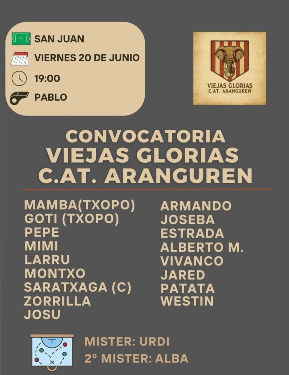 CONVOCATORIAS PARA EL PARTIDO QUE ENFRENTARA A LA CURVA HISTORICA CONTRA VIEJAS GLORIAS DEL ARANGUREN!!🔝

Estos serán los jugones que se encargarán de hacer las delicias del público el viernes que viene a las 19:00 en el San Juan. 

La cantina del campo estará abierta!!