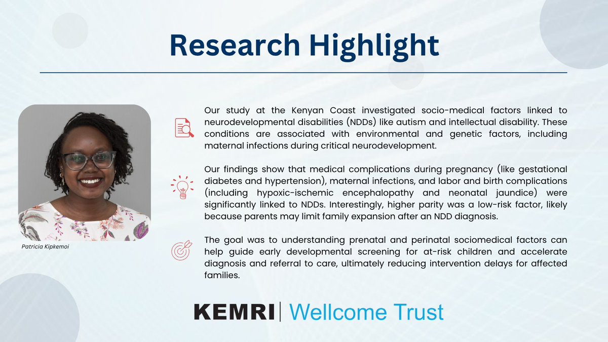 KEMRI-Wellcome Trust (@kemri_wellcome) on Twitter photo 📚 #ResearchHighlight
Findings by <a href="/patkipkemoi/">Cheru Kipkemoi</a> and colleagues show that maternal infections, pregnancy complications, and birth-related issues significantly increase the risk of NDDs like autism and intellectual disability.
Understanding these factors could improve early 📚 #ResearchHighlight
Findings by <a href="/patkipkemoi/">Cheru Kipkemoi</a> and colleagues show that maternal infections, pregnancy complications, and birth-related issues significantly increase the risk of NDDs like autism and intellectual disability.
Understanding these factors could improve early
