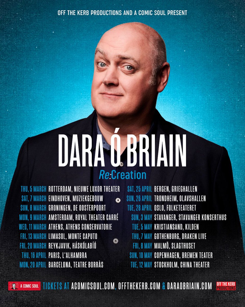 daraobriain's tweet image. European tour now on sale! Some cities still to be added, but delighted to do my first show in Barcelona, amongst others! #recreationtour