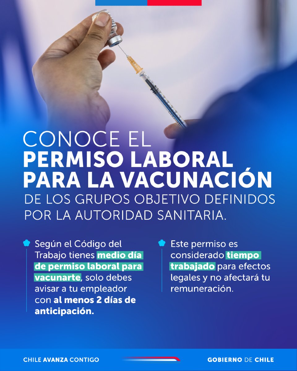 💉¿Sabes que existe el permiso laboral para vacunarte?

Trabajadoras y trabajadores contratados por Código del Trabajo y que pertenezcan a los grupos objetivos, tienen derecho a medio día de permiso laboral para ir a vacunarse mevacuno.cl

#TodosPorLaVacunación