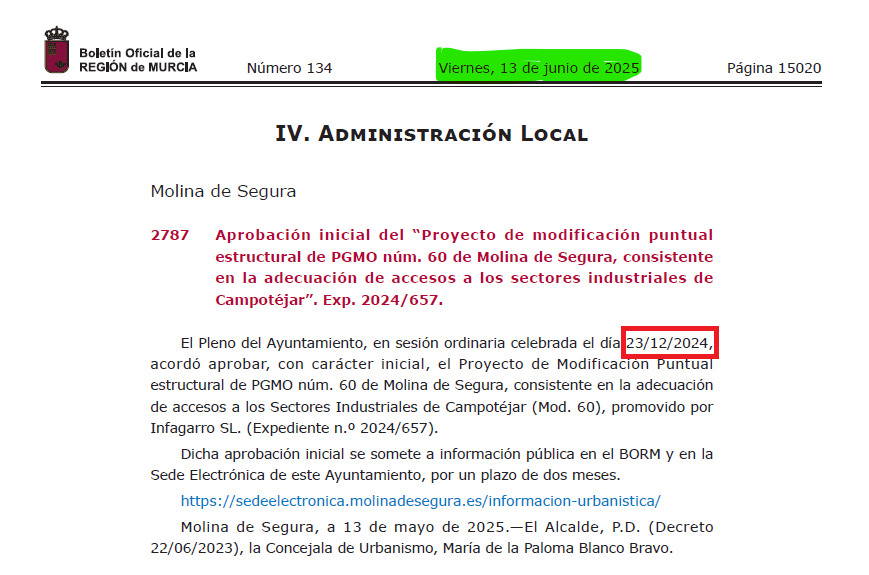 6 meses de parálisis. El gobierno de José Ángel Alfonso ha tardado MEDIO AÑO en publicar en el BORM los accesos del Polígono ‘Molina Norte’, un trámite que frena la inversión y el empleo.

Molina de Segura no merece un gobierno de brazos caídos.