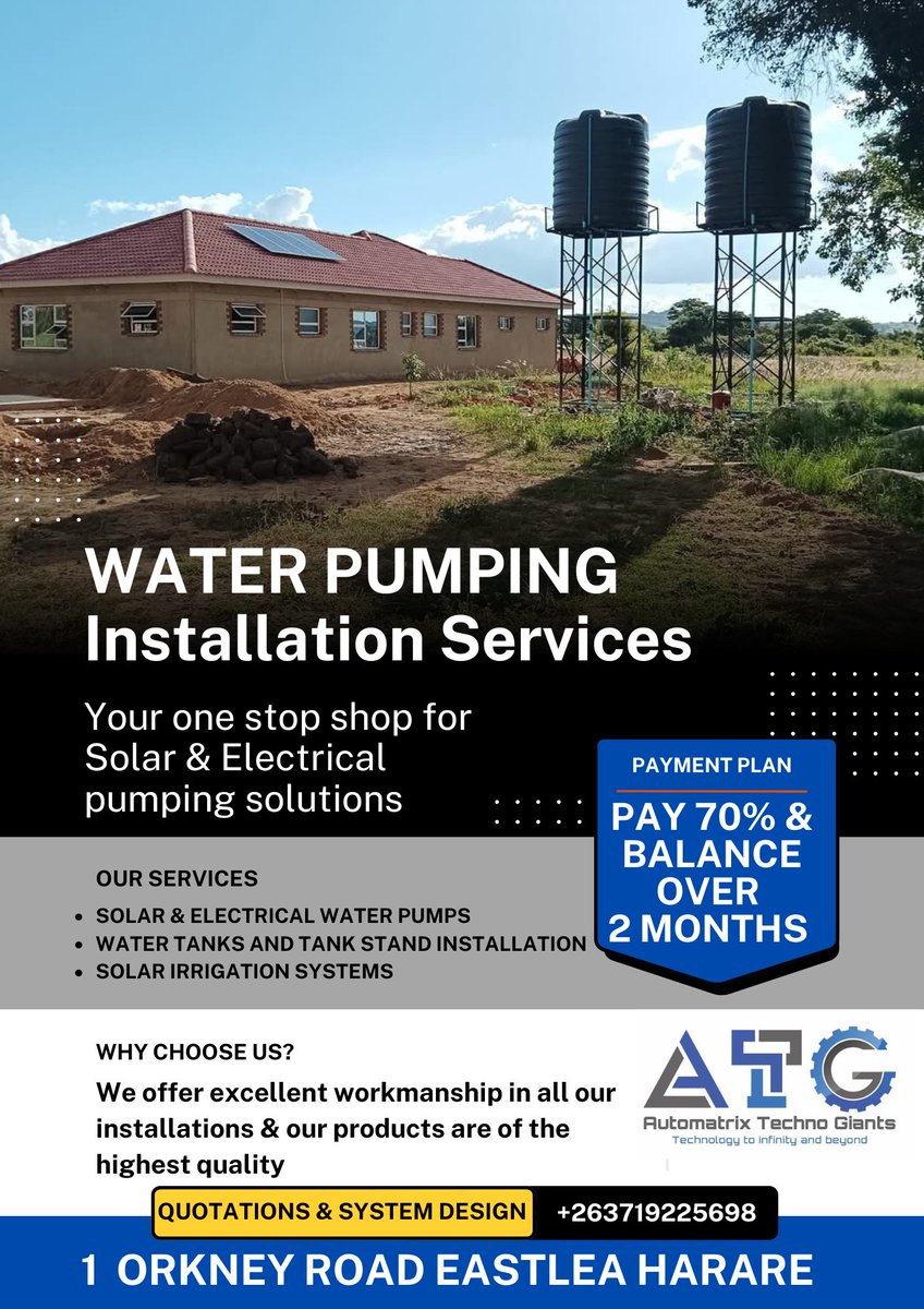 Do you have a drilled Borehole and looking for a water pumping solutions. We have you covered, just get in touch with our team on 0719225698 or email sales@atg.co.zw for more information 
NB: We are accepting payment plans from everyone