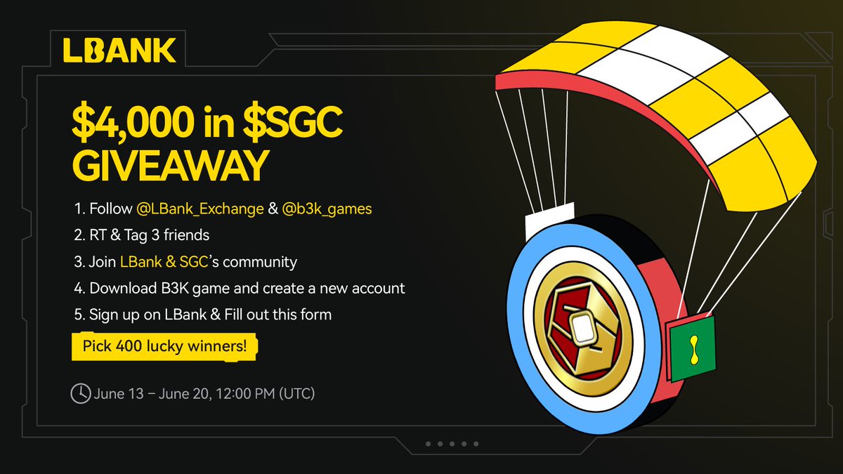 🎊 $SGC Airdrop!

⏰ June 13 – June 20, 12:00 PM (UTC)

💰 400 lucky winners share $4,000 in $SGC

✅Follow <a href="/LBank_Exchange/">LBank.com</a> &amp; <a href="/b3k_games/">KAI Battle of Three Kingdoms</a> 
✅RT &amp; Tag 3 friends
✅Join: t.me/LBank_en &amp; discord.com/invite/p3Mxtz6…
✅Download and create a new login account for the B3K game