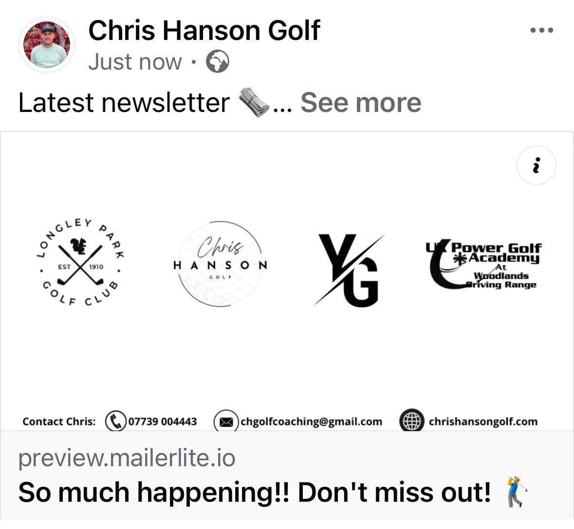 Chris Hanson (@hansonprogolf) on Twitter photo Latest newsletter 🗞️
Plenty going on!!
preview.mailerlite.io/preview/412510…
Fancy a golf day out with myself <a href="/markbentleygolf/">Mark Bentley Putting Coach</a> or the <a href="/2020protour/">2020protour</a> then check this out! Latest newsletter 🗞️
Plenty going on!!
preview.mailerlite.io/preview/412510…
Fancy a golf day out with myself <a href="/markbentleygolf/">Mark Bentley Putting Coach</a> or the <a href="/2020protour/">2020protour</a> then check this out!