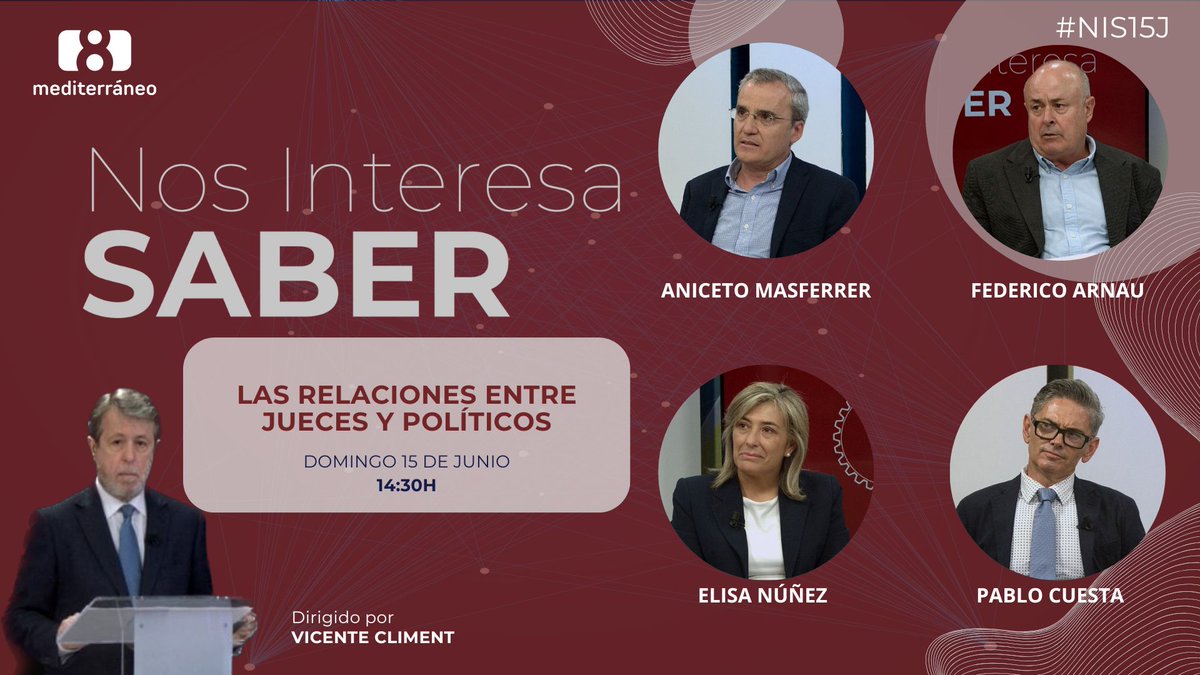 El domingo 15 de junio, a las 14:30h, en #NosInteresaSaber: Las relaciones entre jueces y políticos. <a href="/vtecliment/">Vicent(e) Climent</a> contará con:

🔹 Aniceto Masferrer
🔹 Federico Arnau
🔹 <a href="/ElisaNunez_S/">Elisa Núñez</a>
🔹 Pablo Cuesta