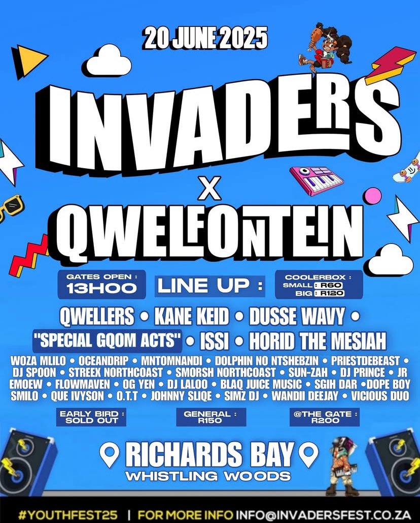 Ψ§ΩΨΨ¨ (@lerato_zwane_) on Twitter photo INVADERS x QWELFONTEIN π
20 June weβre turning Whistling Woods into a warzone of vibes! From the Qwellers to Issi, Horid the Messiah, special Gqom acts and many more - the culture is pulling up HEAVY! π₯
ποΈ Tickets still available for purchase!
computicket-boxoffice.com/e/invaders-x-qβ¦ INVADERS x QWELFONTEIN π
20 June weβre turning Whistling Woods into a warzone of vibes! From the Qwellers to Issi, Horid the Messiah, special Gqom acts and many more - the culture is pulling up HEAVY! π₯
ποΈ Tickets still available for purchase!
computicket-boxoffice.com/e/invaders-x-qβ¦