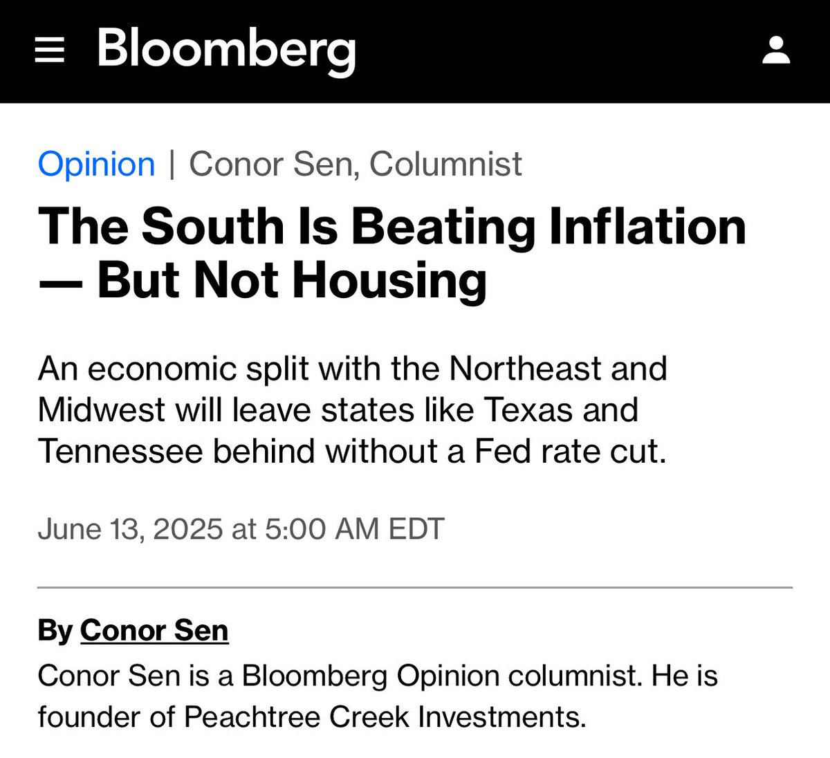 [<a href="/opinion/">Bloomberg Opinion</a>] Because of the cooling in the housing market, inflation in many southern metros is already below 2%, and the weakness in the housing market is raising recession risks there now too: