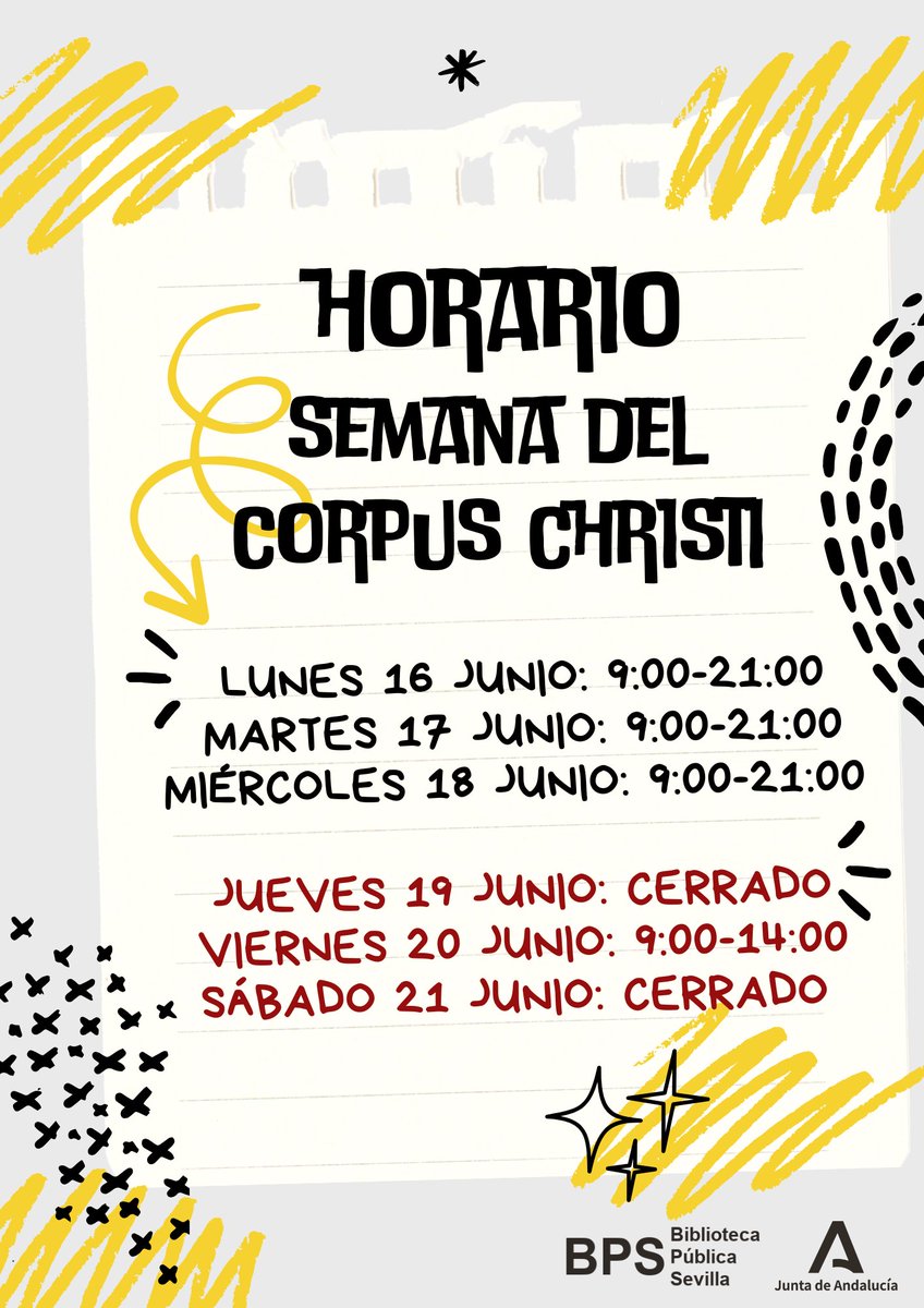 Biblioteca Sevilla (@bibsevilla) on Twitter photo Horario especial semana del Corpus Christi en <a href="/bibsevilla/">Biblioteca Sevilla</a>
<a href="/CulturaAND/">Cultura Junta de Andalucía</a> Horario especial semana del Corpus Christi en <a href="/bibsevilla/">Biblioteca Sevilla</a>
<a href="/CulturaAND/">Cultura Junta de Andalucía</a>