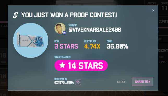 after 3 days i won 14 stars in the Succinct Stage 2 Proof Contest! Prove with us <a href="/SuccinctLabs/">Succinct</a> #ProveWithUs