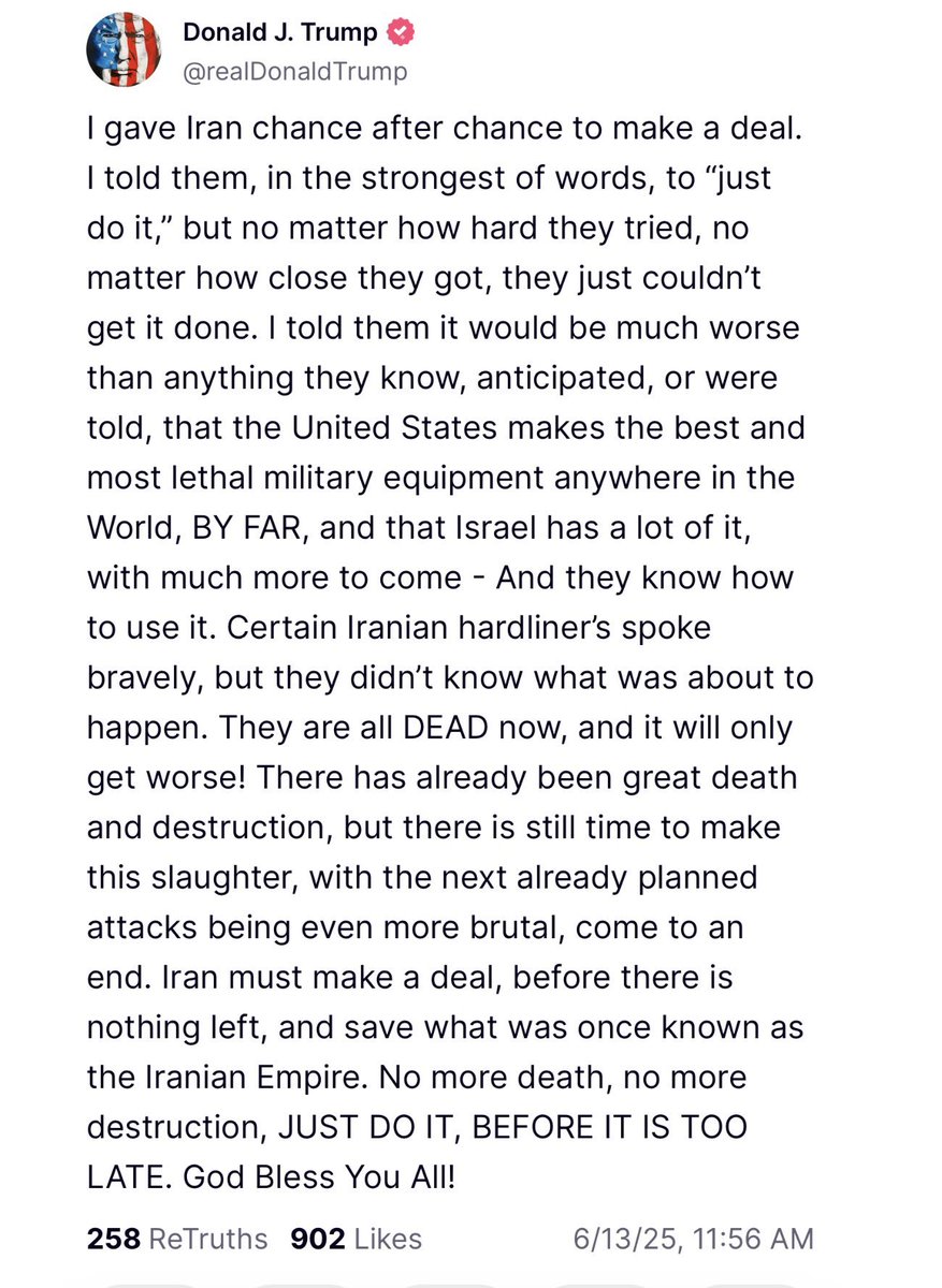 📍Bu açıklama, saldırının Trump tarafından önceden bilindiğini ve onaylandığını açıkça ortaya koyuyor.

Göreve geleli 6 ay oldu;
🌍 Ukrayna ve Gazze savaşı büyüdü,
🌏 Çin'le ticaret krizi tırmandı,
🔥 Şimdi de İsrail-İran savaşı patladı.

Barış vadeden adam döneminde dünya barut