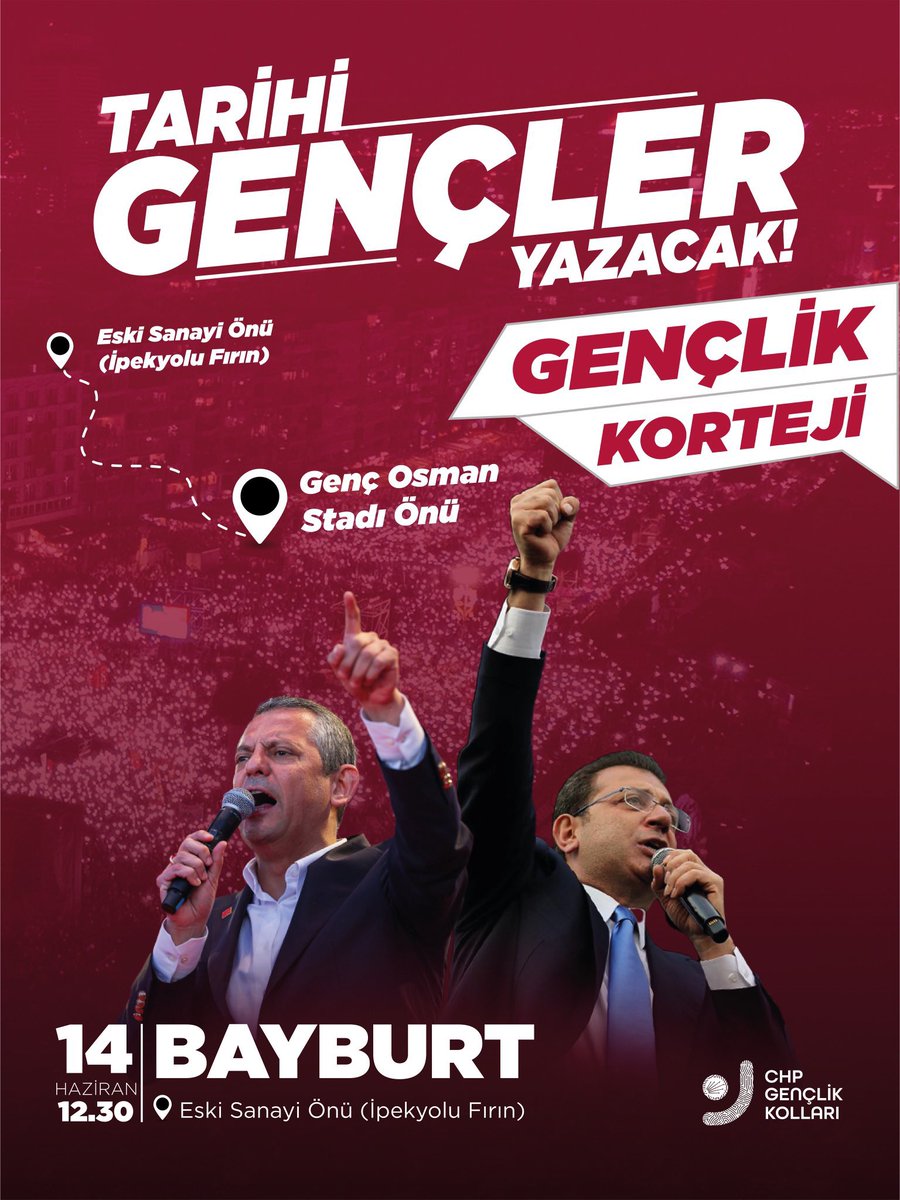 Cumhuriyetin ışığında, milletimizin iradesiyle hak ettiğimiz geleceği inşa edeceğiz.

Genel Başkanımız Sayın Özgür Özel liderliğinde Bayburt'ta düzenleyeceğimiz, Cumhurbaşkanı Adayımız Ekrem İmamoğlu’na Özgürlük buluşmasına gençlik kortejimizle yürüyoruz.

📍Eski Sanayi Önü