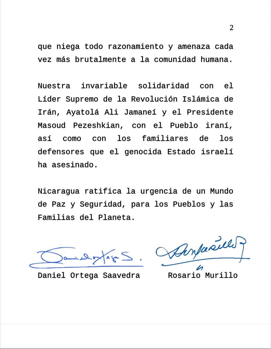 📌 El Gobierno de Nicaragua envía un mensaje de condena tras la agresión del Gobierno de Israel al Pueblo y Gobierno de la República Islámica de Irán, ratificando la urgencia de un mundo de paz y seguridad. 

#Nicaragua #Irán #Solidaridad