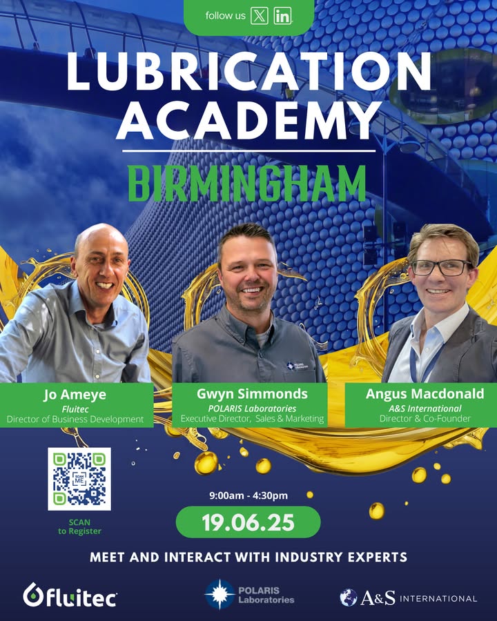 Are you ready to join us in Birmingham?

The team is headed there on 19 June, 2025 joined by Angus Macdonald (A&amp;S International Ltd), Gwyn Simmonds (POLARIS Laboratories®) and of course Jo Ameye for another Lubrication Academy! 
zurl.co/qMe94 

#fluitec #UnitedKingdom
