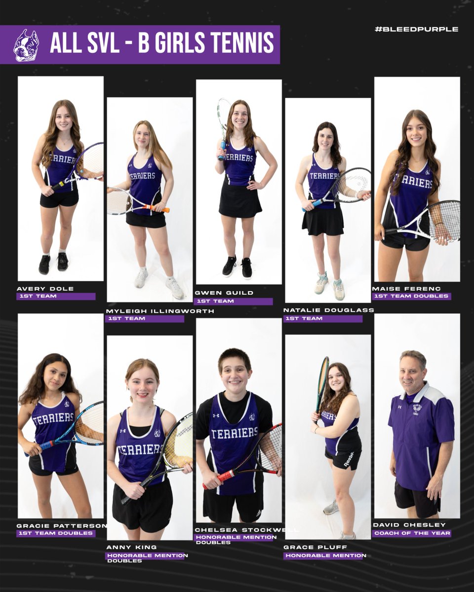 🎾 SVL-B Girls Tennis All-League!

🏅 1st Team: Avery Dole, Myleigh Illingworth, Gwen Guild, Natalie Douglass, *Maise Ferenc &amp; *Gracie Patterson (Doubles)
👏 HM: *Anny King &amp; *Chelsea Stockwell (Doubles), Grace Pluff

Amazing season, Terriers! 💪💜

#BleedPurple