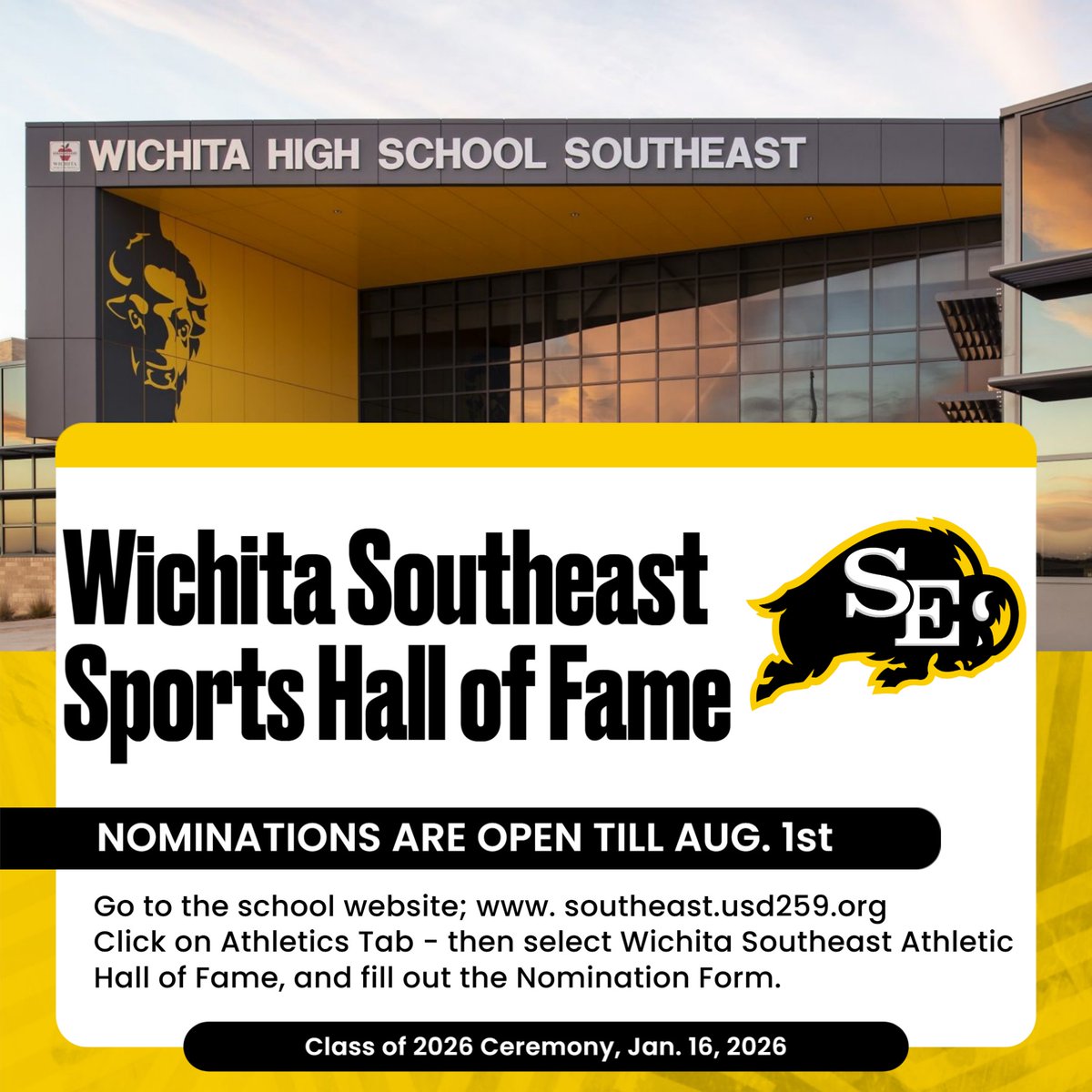 The Wichita Southeast Sports Hall of Fame is coming back!  Nominations are still open for the remainder of the summer, till Aug. 1st.  Ceremony will take place at SE on Jan. 16th, 2026. #GoBuffs