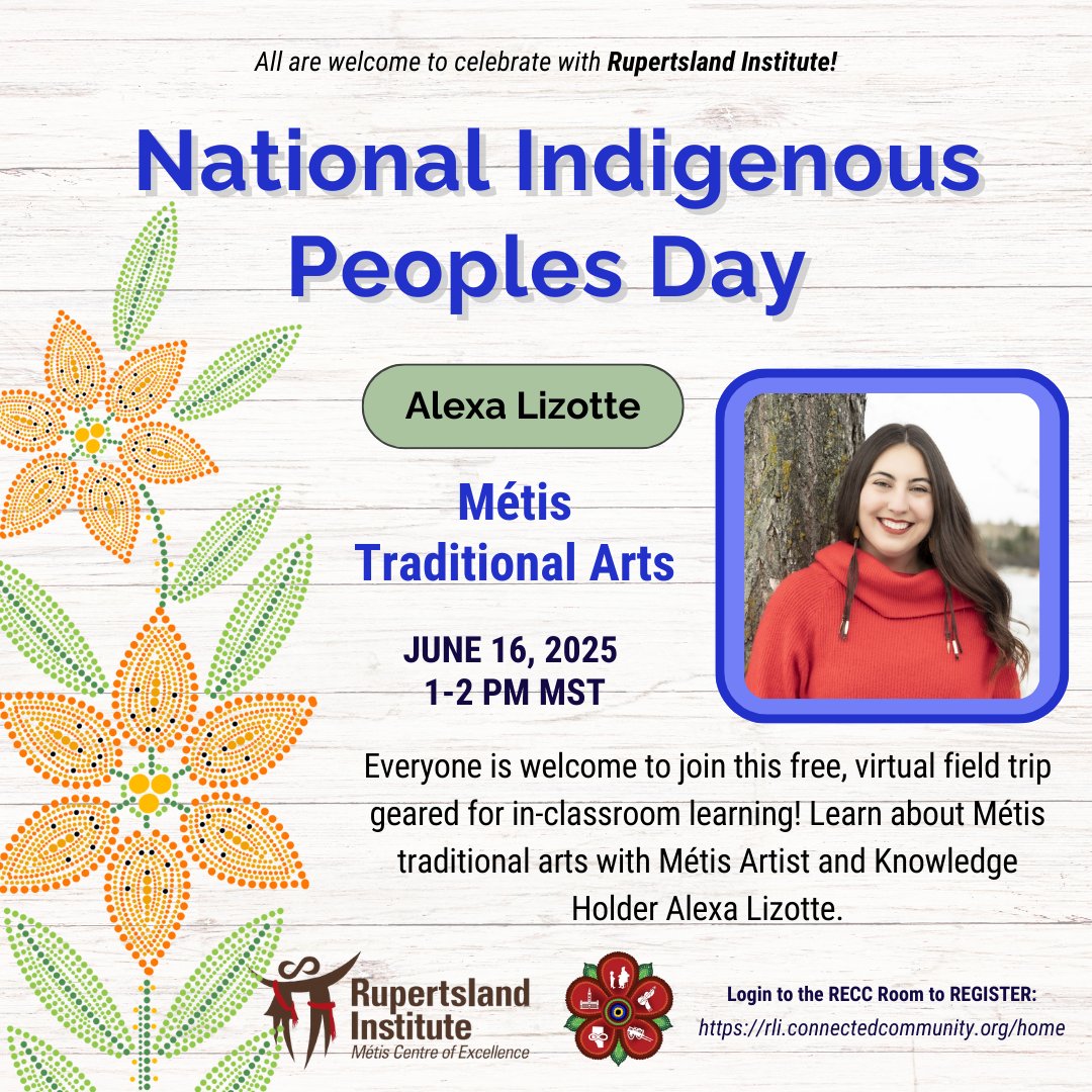 On June 16, 1-2 PM MST, all are welcome to join RLI and Alexa Lizotte online for a free virtual field trip to celebrate National Indigenous Peoples Day! Alexa will share about the Métis Traditional Art. 

Register today: forms.gle/G9L7wSKmNYPmGs…