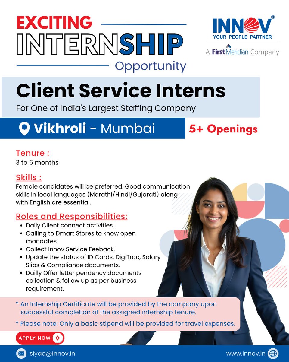We are hiring Interns, swipe to learn more!
If interested, send your resume to our HR team today.

Note: Innovsource Does Not Charge Money for Job Offers.

#Innovsource #Innov #WeAreHiring #Vikhroli