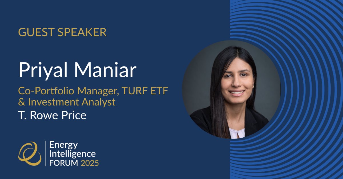 We’re pleased to welcome Priyal Maniar, Co-Portfolio Manager, TURF ETF &amp; Investment Analyst, T. Rowe Price, to the stage at Energy Intelligence Forum 2025.

Join industry peers, thought leaders, and changemakers.

Join the conversation: 🔗 bit.ly/3YlsmJa

#EIForum2025