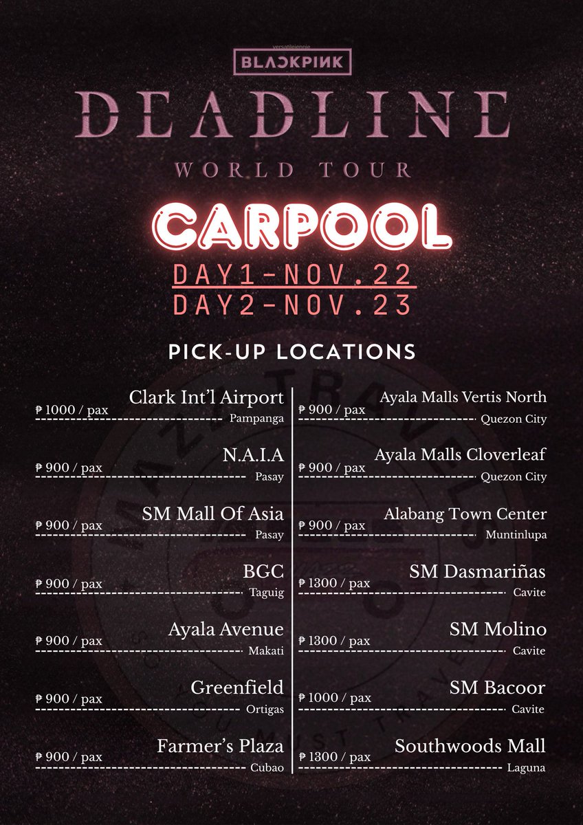 MazzTravels's tweet photo. Hey Blinks! Got your BLACKPINK concert ticket? Now secure your ride! Book our carpool service for a stress-free trip to the Philippine Arena and back home after the show!
#blackpink #blink #carpool #carpoolservice #deadline #kpop #concert #deadlineworldtour https://t.co/ZRHd4QRYGd