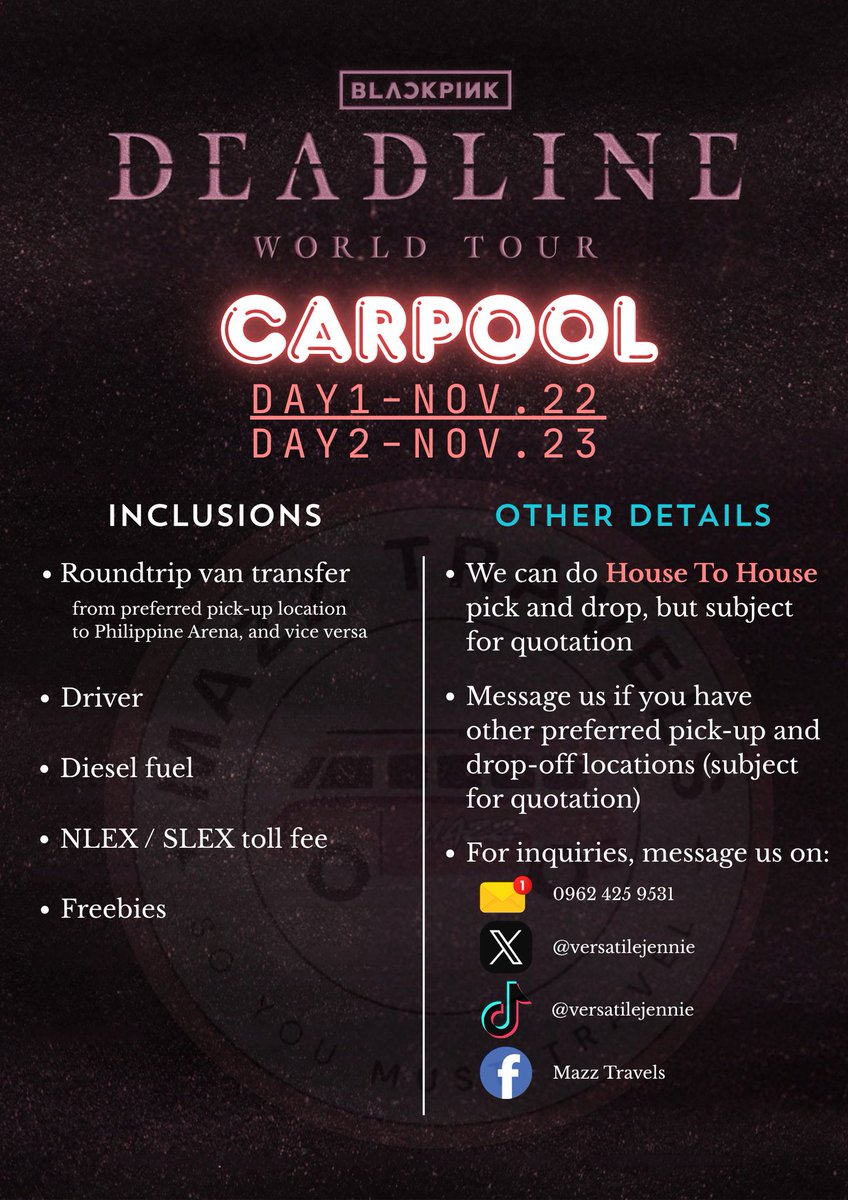 MazzTravels's tweet photo. Hey Blinks! Got your BLACKPINK concert ticket? Now secure your ride! Book our carpool service for a stress-free trip to the Philippine Arena and back home after the show!
#blackpink #blink #carpool #carpoolservice #deadline #kpop #concert #deadlineworldtour https://t.co/ZRHd4QRYGd
